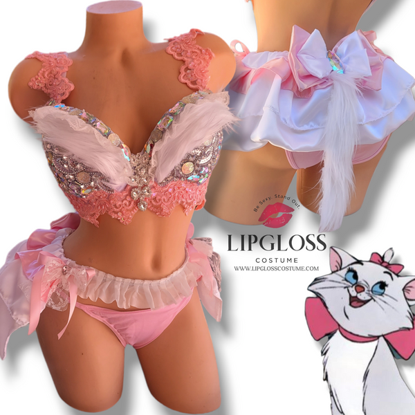 Pink White Cat Costume, Sexy Ruffle kitty Kawaii