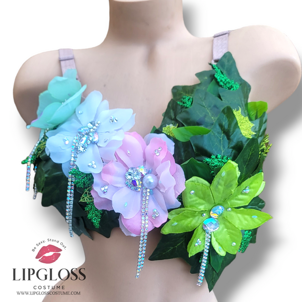 Ready to Ship Pink Green Flower Rhinestone Rave Bra
