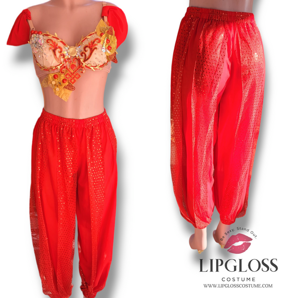 Ready to Ship Red Gold Jasmine Princess with Pants, Sexy Goddess Costume, Aladin Egyptian Princess Costume