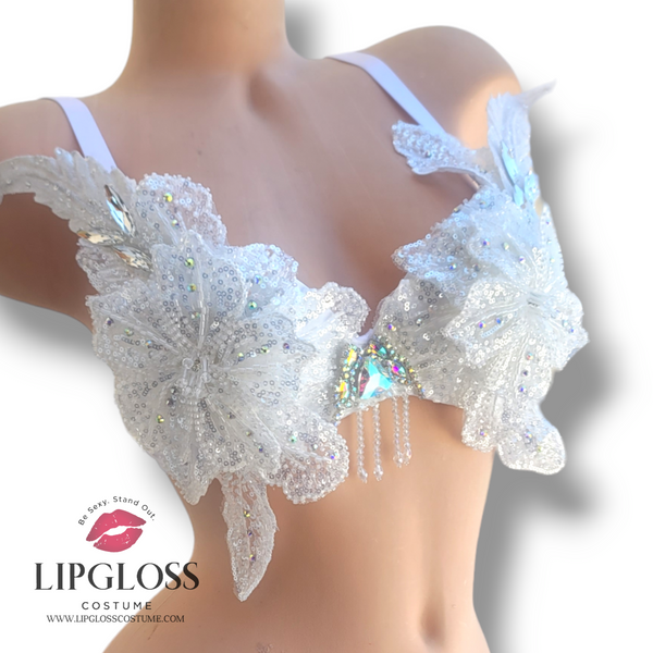 Ice Pixie Fairy White Sequin Flower Rhinestone Crystal Bra