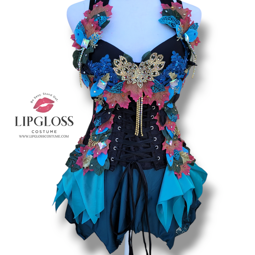 Dark Blue Teal Forest Fairy Corset Costume | Woodland Leaf Halloween F Lipgloss Costume Dark Blue Teal Forest Fairy Corset Costume | Woodland Leaf Halloween F Lipgloss Costume