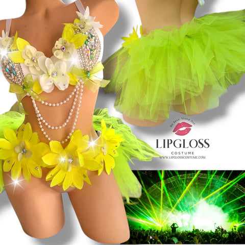 Neon Yellow Green EDC Fairy Rhinestone Outfit
