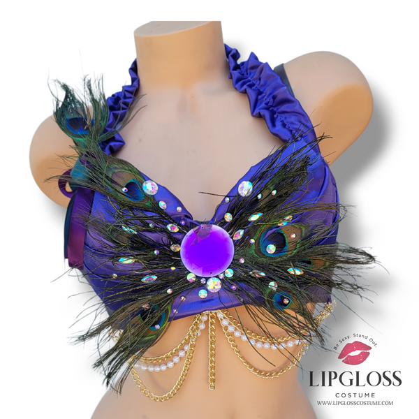 Purple Peacock Feather Rhinestone Bra Top | Iridescent Crystal Festival & Halloween Costume for Women