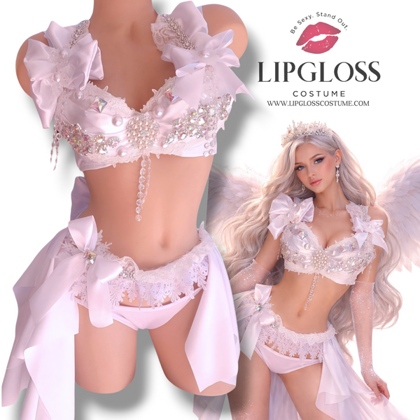 White Snow Angel Costume Women Rave Bra Set Halloween Costume Diamond Outfit
