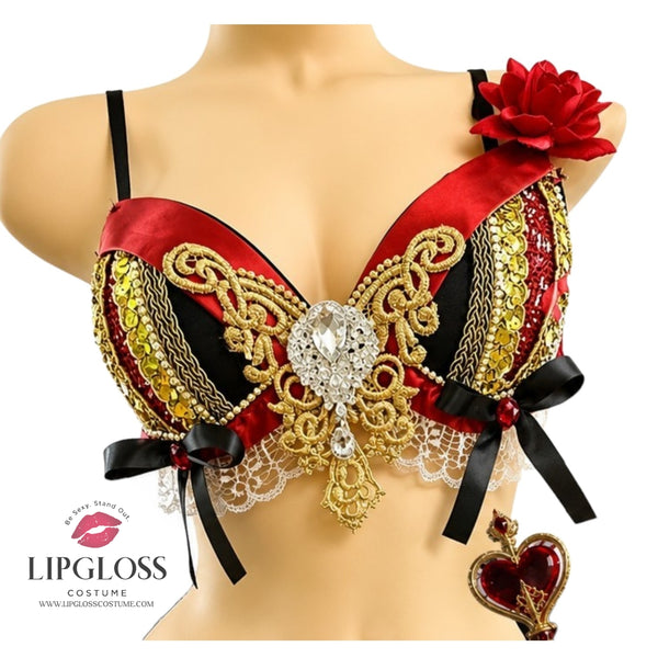 Queen of Hearts Rave Bra | Red Gold Sequin Embellished Bra Top | Card Queen Halloween Costume | Royal Rave Bra Festival Top Women