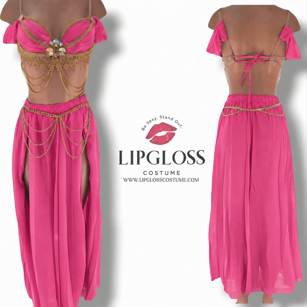 Hot Pink Gold Arabian Night Princess Costume Set | Fuchsia Goddess Maxi Rave Outfit | Rhinestone Halloween Costume Women