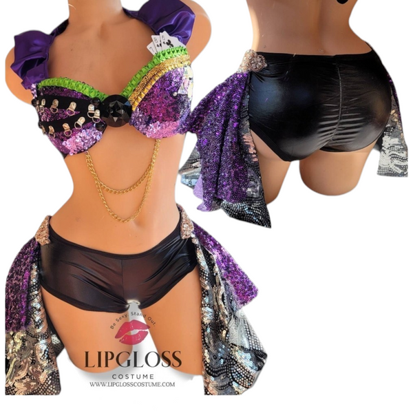 Purple Joker Sequin Costume Set | Playing Card Jester Halloween Festival Outfit for Women