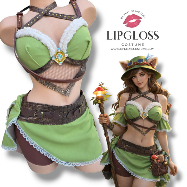Teemoh Forest Elf Costume Women | Nature Explorer Green Bra Skirt Set | RPG Adventurer Halloween Cosplay