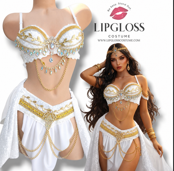 White Gold Athena Jasmine Arabian Greek Goddess Costume Women | Sequin Skirt Set | Egyptian Princess Belly