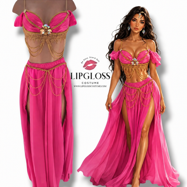 Hot Pink Gold Arabian Night Princess Costume Set | Fuchsia Goddess Maxi Rave Outfit | Rhinestone Halloween Costume Women