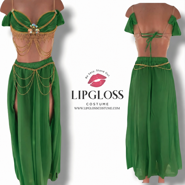 Emerald Green & Gold Arabian Princess 2-Piece Costume Set | Chiffon Maxi Skirt Goddess Halloween Festival Outfit