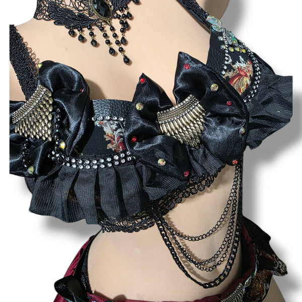 Ready to Ship Gothic Witch Vampire Costume | Black Ruffle Bra Top with Chain Choker & Jeweled Lace Skirt