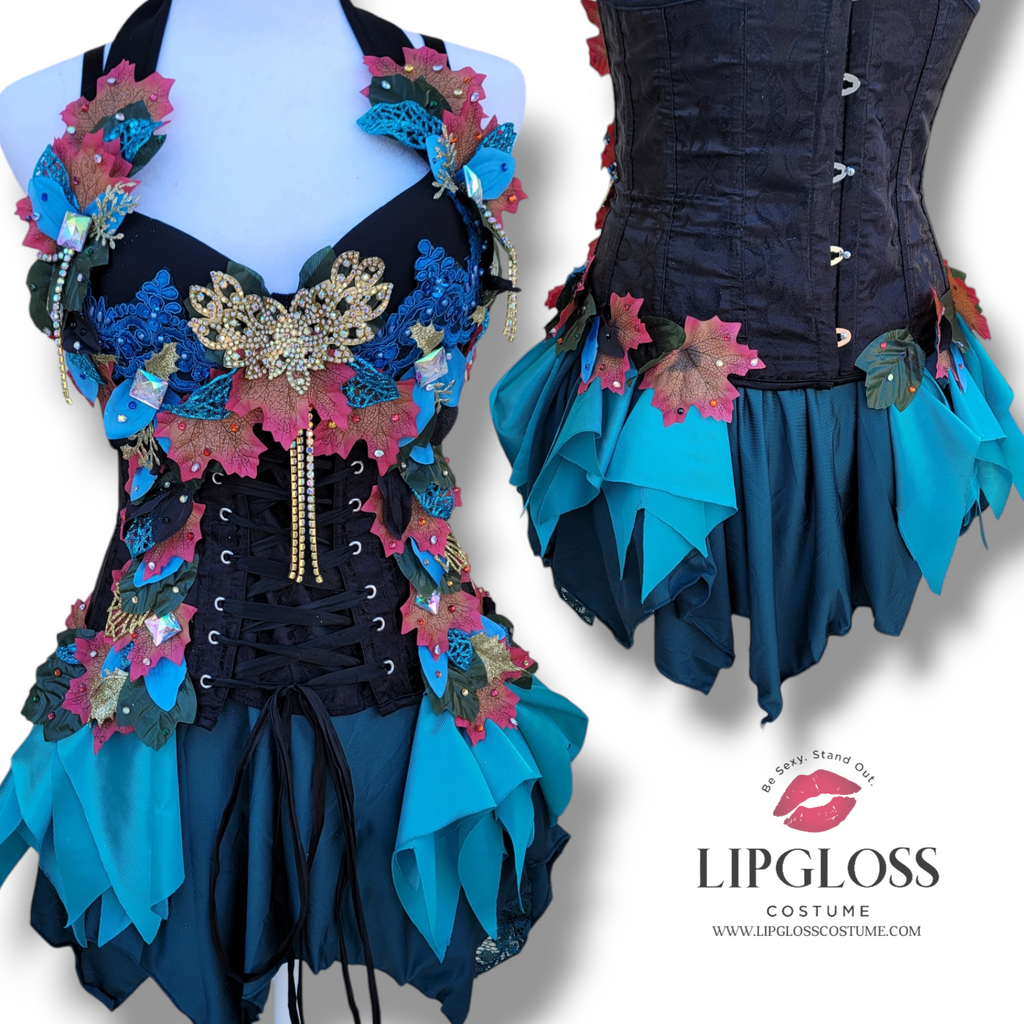 Dark Blue Teal Forest Fairy Corset Costume | Woodland Leaf Halloween F Lipgloss Costume Dark Blue Teal Forest Fairy Corset Costume | Woodland Leaf Halloween F Lipgloss Costume