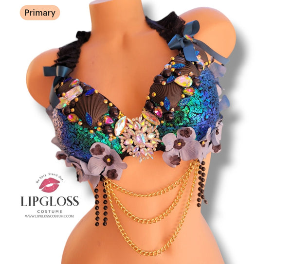 Black Mermaid Bra Top – Gothic Sequin Festival Rave Outfit with Chains & Crystal Detail
