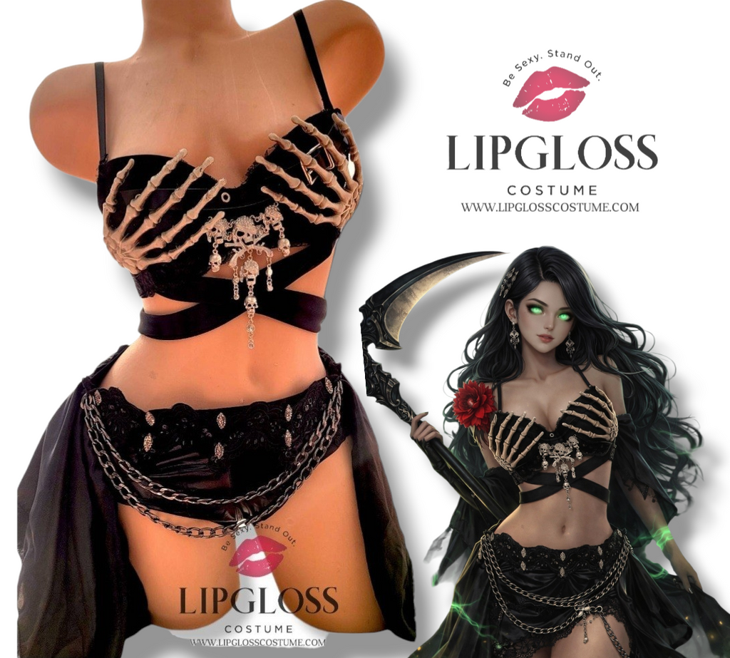 Grim Reaper Skeleton Hands Rave Outfit Gothic Festival Halloween Cos Lipgloss Costume Grim Reaper Skeleton Hands Rave Outfit Gothic Festival Halloween Cos Lipgloss Costume