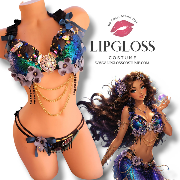 Iridescent Mermaid Goddess Sequin Bra & Bikini Set | Ocean Blue Black Festival Halloween Costume