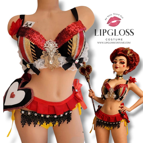 Queen of Hearts Sequin Rave Costume Set | Red Bra & Ruffle Skirt Two-Piece | Halloween Festival Outfit for Women