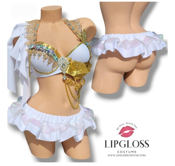 Athena White & Gold Crystal Goddess Festival Outfit – Luxury Rave Bra & Iridescent Ruffle Skirt Set