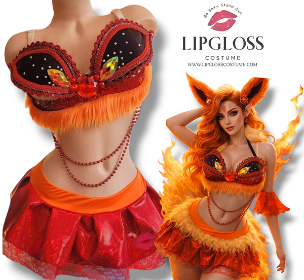 Fire Fox Anime Cosplay Costume Set | Rhinestone Bra Top & Red Tutu Skirt | Women's Halloween Festival Rave Outfit