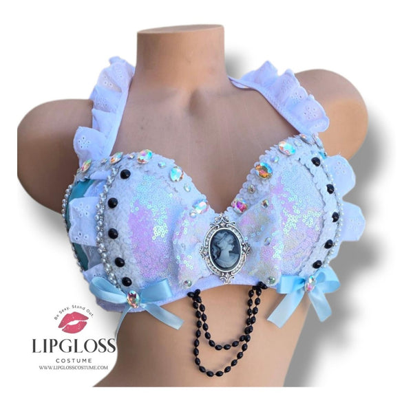 Alice in Wonderland Pastel Blue Sequin Fairycore Rave Bra Top – Elegant Festival & EDM Outfit