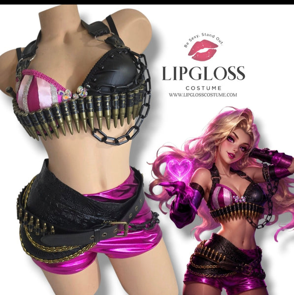 Pink Black Jinx Video Game Cosplay, Warrior Villain Bullet Bra Costume Set