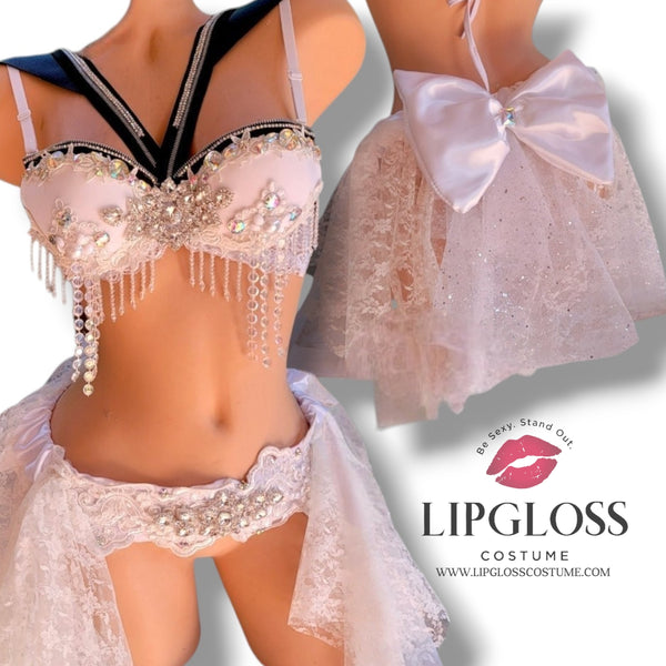 Ghost Bride Crystal Fringe Bra & Lace Skirt Set | Gothic Bridal Rhinestone Halloween Festival Costume for Women