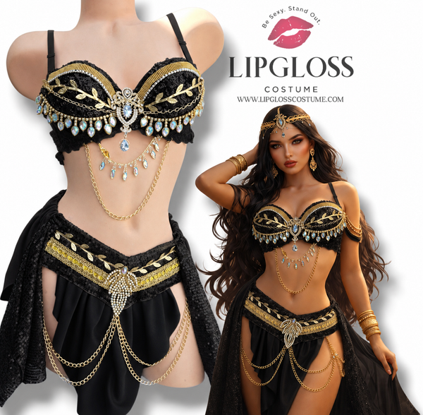 Sexy Black Gold Athena Jasmine Arabian Greek Goddess Costume Women | Sequin Skirt Set | Egyptian Princess Belly