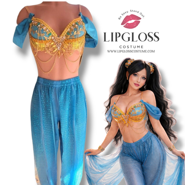 Arabian Princess Costume – Jasmine Inspired Rhinestone Bra & Blue Harem Pants Festival Outfit
