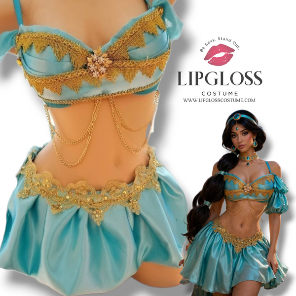 Arabian Princess Costume Set | Teal & Gold Bralette + Mini Skirt | Halloween Festival Cosplay Outfit for Women