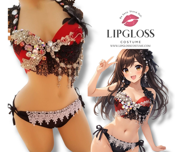 Red Black Gothic Rhinestone Skull Bra & Bikini Set | Jeweled Lace Halloween Festival Costume