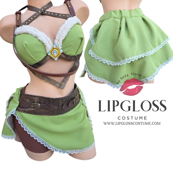 Teemoh Forest Elf Costume Women | Nature Explorer Green Bra Skirt Set | RPG Adventurer Halloween Cosplay
