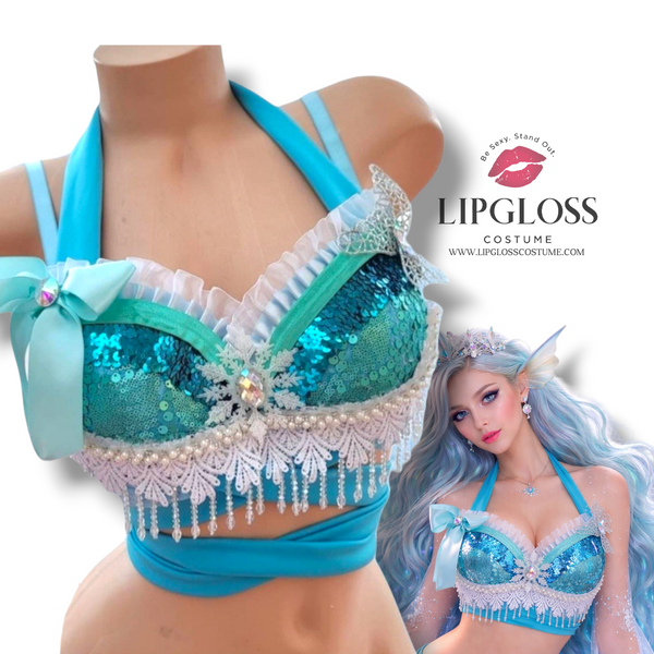 Frozen Elsa Mermaid Rave Bra Top, Women Sequin Snowflake Costume Bra