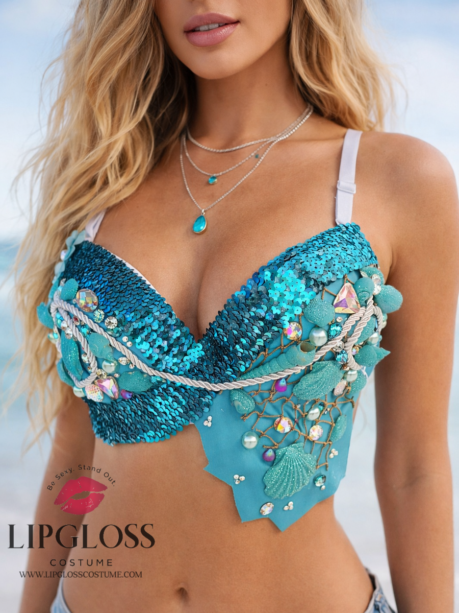 Aqua Blue Mermaid Rave Bra  Seashell Rhinestone Ocean Festival Top |  Mermaid Costume