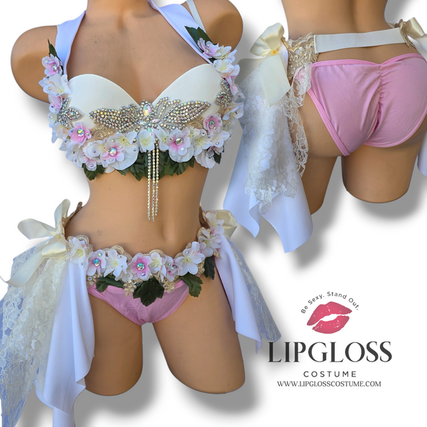 Bridal Fairy Garden Goddess Costume Set | White Floral Bra & Chiffon Skirt | Dragonfly Crystal Rave Festival Outfit for Women