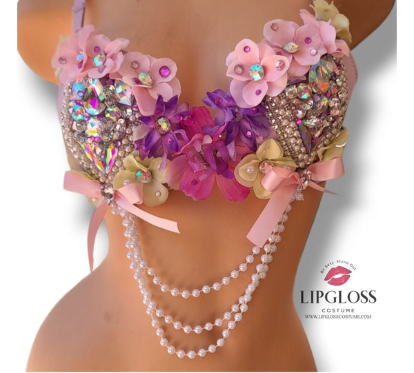 Pink Rhinestone Floral Festival Bra Top – Pearl Chain Fantasy Rave Costume Bra