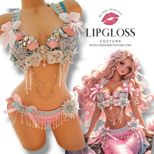 Pastel Mermaid Costume Set – Coquette Seashell Bra & Pink Fantasy Rave Outfit