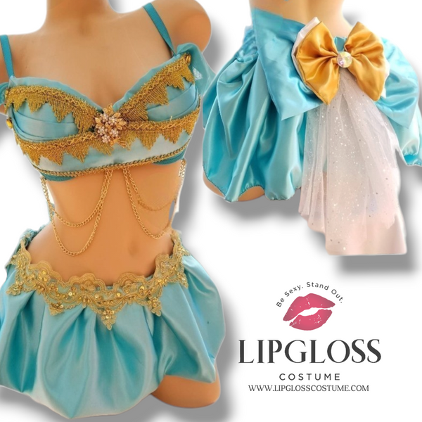 Arabian Princess Costume Set | Teal & Gold Bralette + Mini Skirt | Halloween Festival Cosplay Outfit for Women