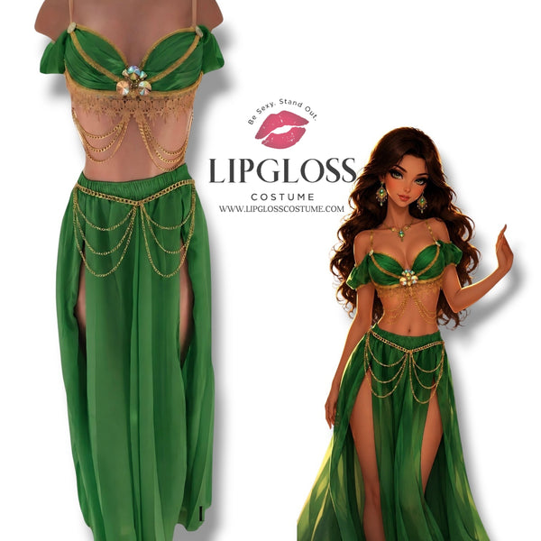 Emerald Green & Gold Arabian Princess 2-Piece Costume Set | Chiffon Maxi Skirt Goddess Halloween Festival Outfit