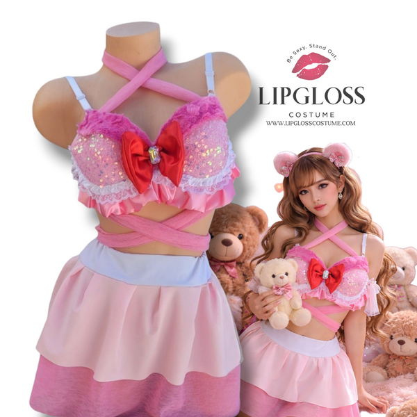 Sexy Pink Teddy Care Bear Costume Set | Kawaii Halloween Festival Rave Outfit for Women
