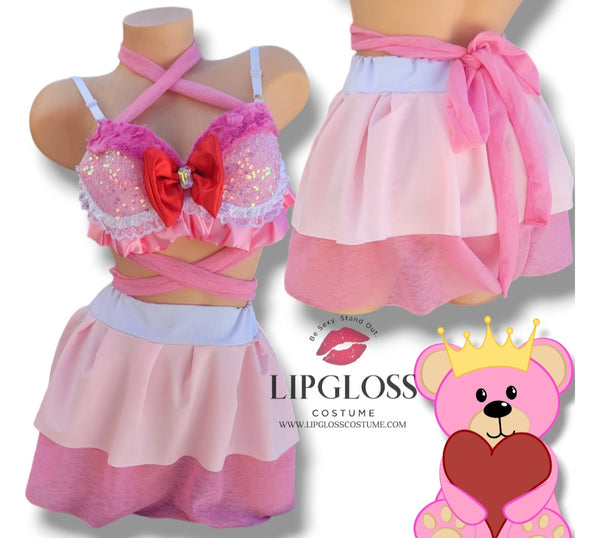 Sexy Pink Teddy Care Bear Costume Set | Kawaii Halloween Festival Rave Outfit for Women