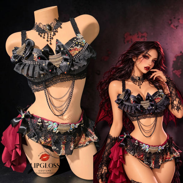 Ready to Ship Gothic Witch Vampire Costume | Black Ruffle Bra Top with Chain Choker & Jeweled Lace Skirt