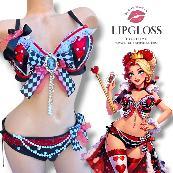 Queen of Hearts Costume Women | Black Red Harlequin Card Queen Bikini Set | Cameo Rave Outfit
