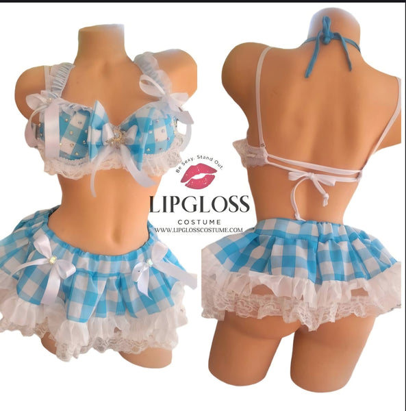 Blue Gingham Rhinestone Bra & Ruffle Skirt Costume Set | Crystal Bow Storybook Halloween Festival Outfit Women