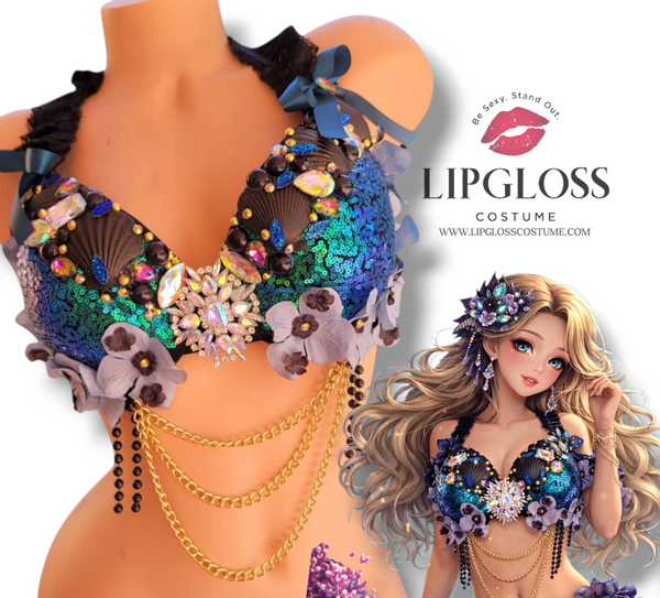Black Mermaid Bra Top – Gothic Sequin Festival Rave Outfit with Chains & Crystal Detail