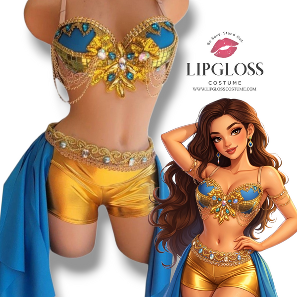Gold Rhinestone Rave Costume Set – Festival Jewel Bra Top & Metallic Shorts Outfit