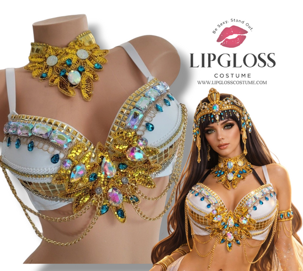 White & Gold Egyptian Queen Rave Bra Set — Teal AB Crystal, Mirror Tile & Chain Festival Costume | Cleopatra Halloween Goddess Top