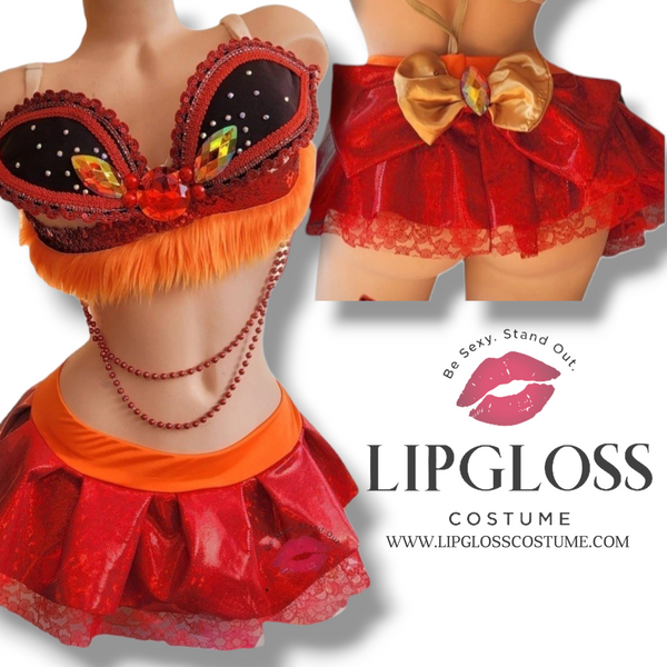 Fire Fox Anime Cosplay Costume Set | Rhinestone Bra Top & Red Tutu Skirt | Women's Halloween Festival Rave Outfit