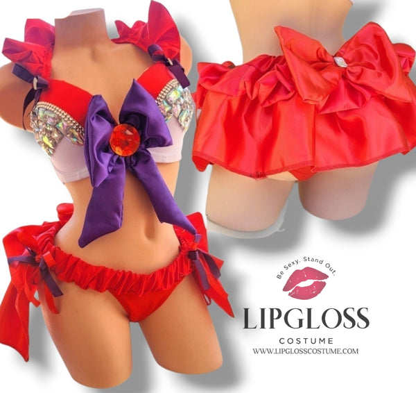 Sexy Sailor Scout Outfit, Super Hero Red Purple Anime Magical Girl Bra Set | Costume | Rhinestone Halloween Costume Women Festival