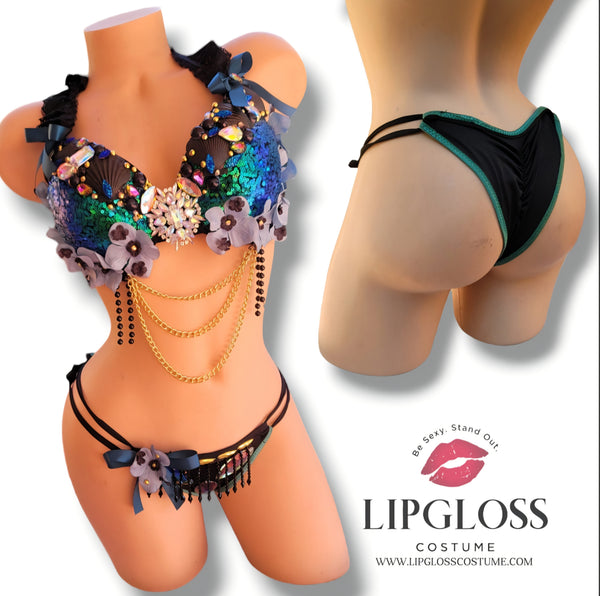 Iridescent Mermaid Goddess Sequin Bra & Bikini Set | Ocean Blue Black Festival Halloween Costume