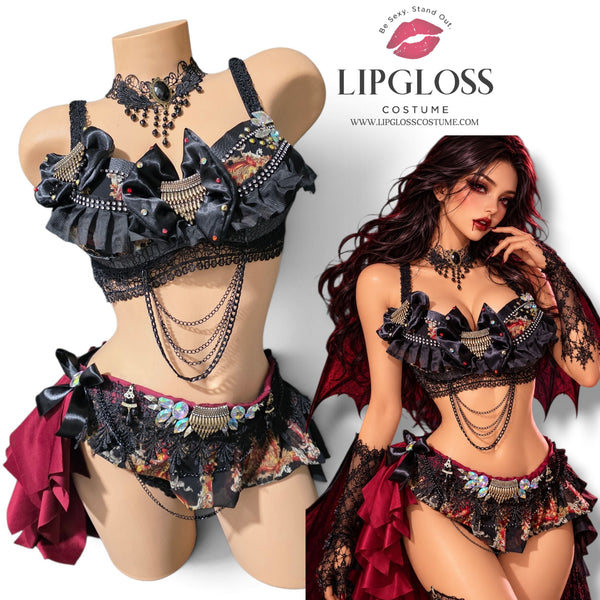 Ready to Ship Gothic Witch Vampire Costume | Black Ruffle Bra Top with Chain Choker & Jeweled Lace Skirt